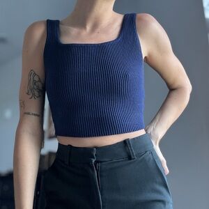 Navy Ribbed Square Neck Crop Top